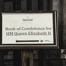 Sign at the entrance to Belfast City Hall for mourners to pay their respects to Queen Elizabeth (Sep. 2022). related to The Ultimate Guide to Queen Bed Box Springs