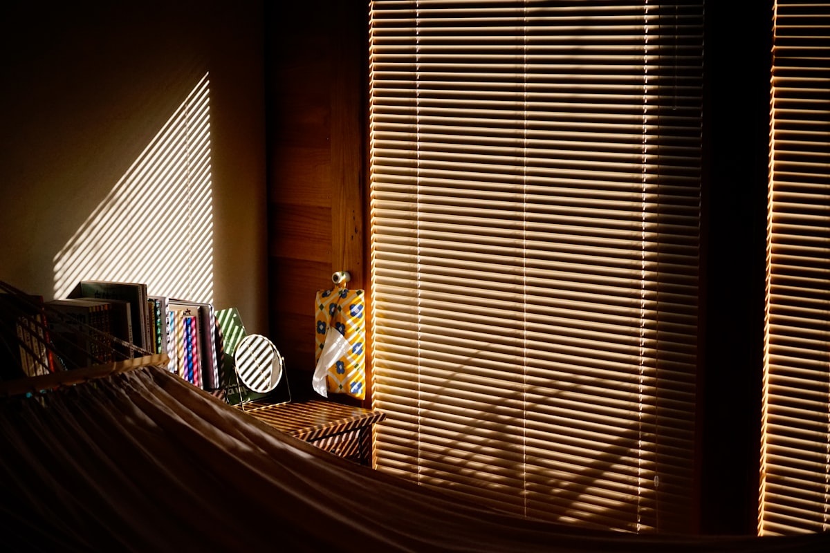 Sunlight streams through blinds onto a shelf. related to Revealing the Anatomy of Vertical Blind Valance Parts