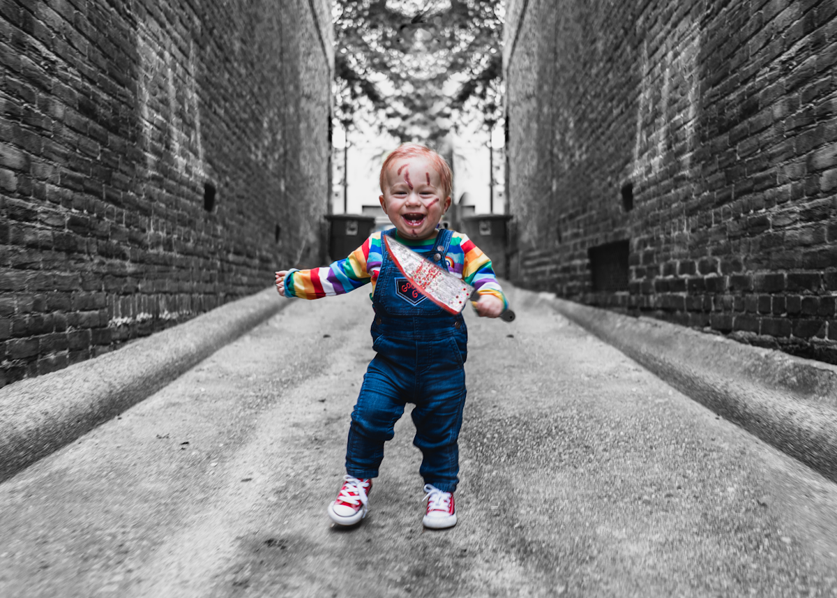Toddler in a Chucky Outfit on Halloween related to Transforming Your Little One's Room with Boy Nursery Bedding Sets