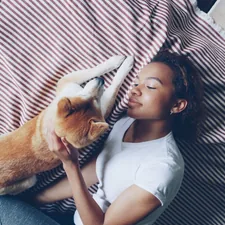 Top view of attractive African American woman stroking beautiful shiba inu dog lying on bed together at home. Young people, domestic animals, bedding, happiness and love concept. related to Explore the Best American Girl Beds for Sale: Find Your Perfect Match
