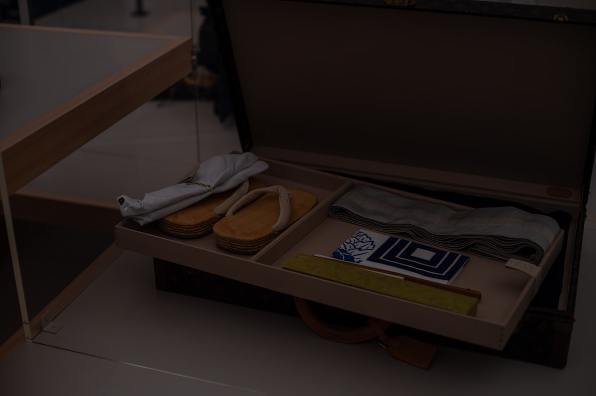 Traditional japanese footwear and accessories in a wooden box. related to Stylish Shoe Storage Solutions: Shoe Trays for Your Entryway