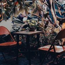 Two chairs and a table under leafy trees related to Enhance Your Outdoor Space with the Best Clay Chimineas at Lowes