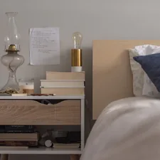 unlighted clear glass gas lamp on end table related to The Perfect Sleeping Nook: Bunk Bed Night Stand Essentials