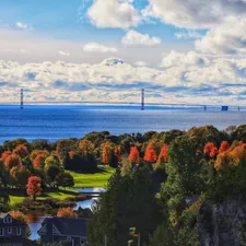 View of the bridge in Autumn. related to A Paradise Found: Bed and Breakfasts on Mackinac Island