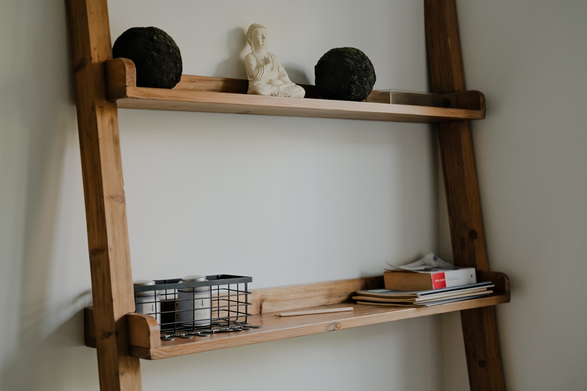 Wooden ladder shelf with decorative items and books. related to Build Your Own DIY Bunk Bed Ladder: A Step-by-Step Guide