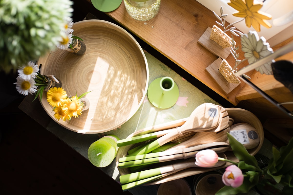 Wooden platter with spring flowers and vegetables related to Top Styling Tools and Home Accessories