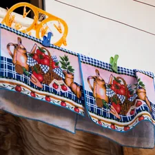 yellow plastic chair on white and blue floral textile related to Burlap Kitchen Valance: Embrace Organic Elegance